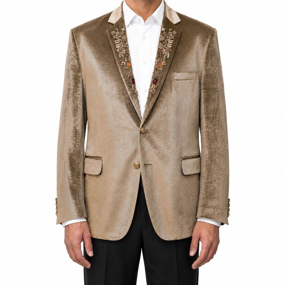 Mens 46R Gold Velvet Blazer Hand Embroidered Jeweled Lapel Wedding Tuxedo Groom